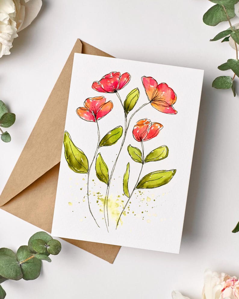 Watercolor Floral Note Cards Set of 8, Pinks Orange Peach Flower Art ...
