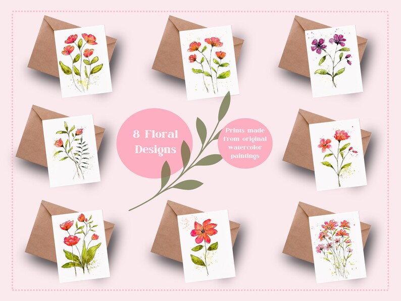 Watercolor Floral Note Cards Set of 8, Pinks Orange Peach Flower Art ...