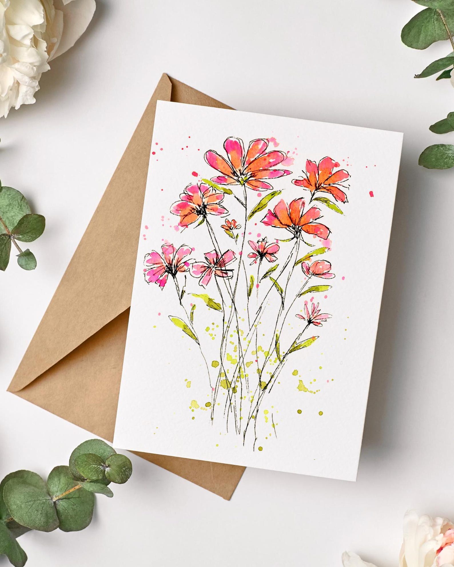 Watercolor Floral Note Cards Set of 8, Pinks Orange Peach Flower Art ...