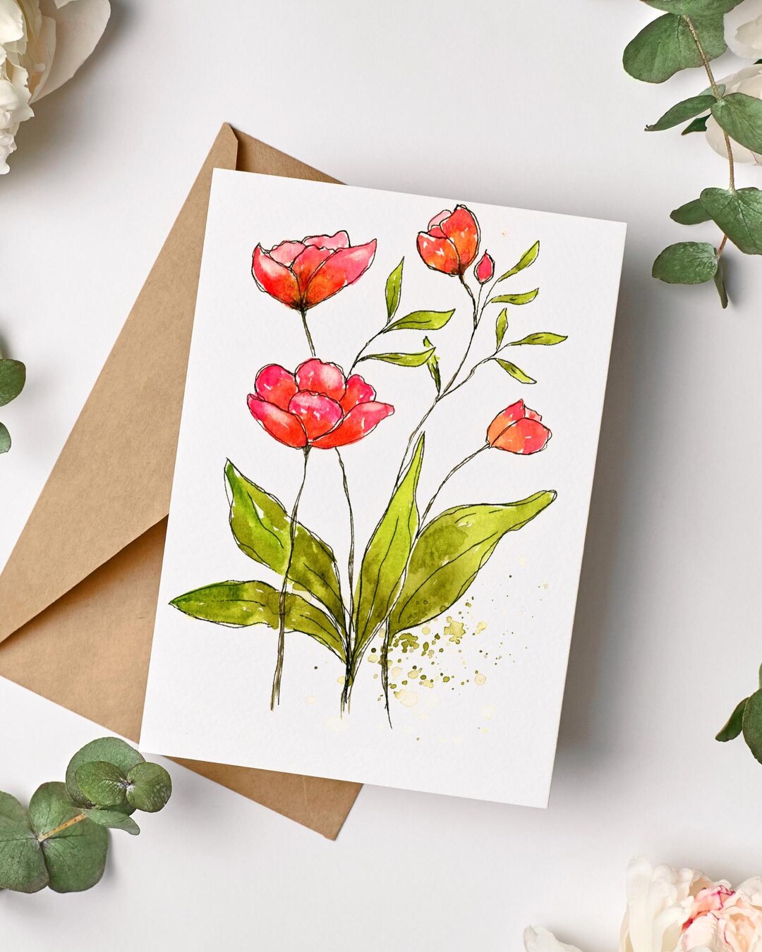 Watercolor Floral Note Cards Set of 8, Pinks Orange Peach Flower Art ...
