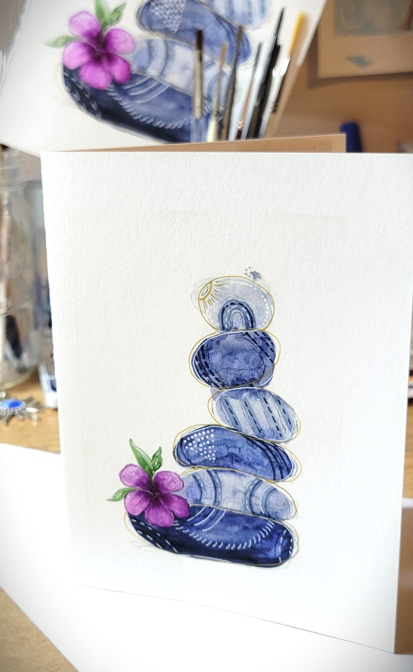 Rock Cairns Watercolor Greeting Cards Stacking Rocks Zen Art Abstract ...