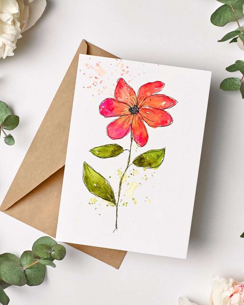 Watercolor Floral Note Cards Set of 8, Pinks Orange Peach Flower Art ...