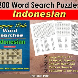 Puede incluir: Una cubierta de libro azul con el título "Language Pride Word Searches Indonesian Volume 1" y los nombres de los autores "Erik Zidowecki, Siskia Lagomarsino-Jones". La cubierta del libro presenta un crucigrama con la palabra "Bahasa" resaltada. El libro se describe como que tiene 25 temas de crucigramas, significados en inglés, partes del discurso y soluciones en la parte posterior. El libro mide 8,5 pulgadas por 11 pulgadas y es imprimible.