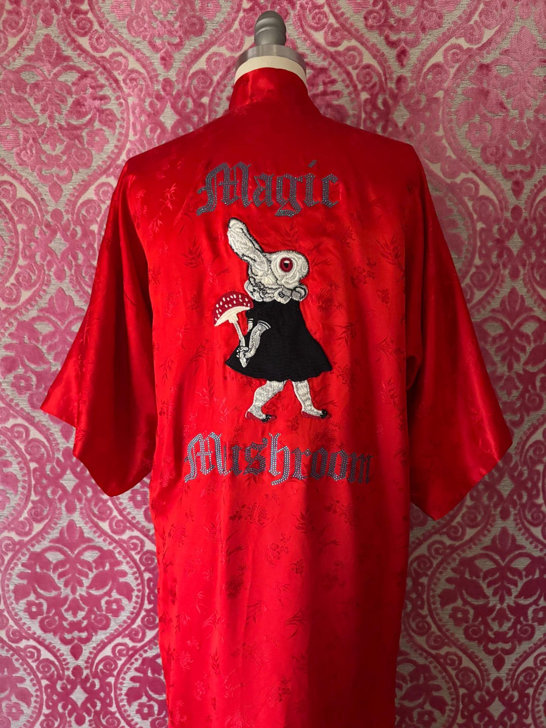 Vintage Red Silk Kimono Robe, Rabbit Mushroom Applique, S/M - Etsy