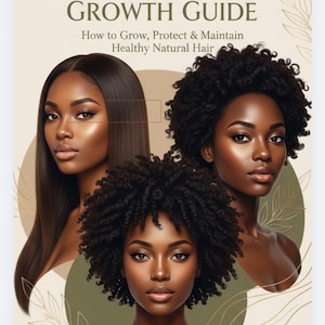 May include: A book cover titled "The Natural Hair Growth Guide" featuring illustrations of three women with different hairstyles. The cover includes text about growing, protecting, and maintaining healthy natural hair. The author's name is also included.