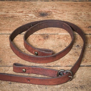 May include: A dark brown leather strap featuring a smooth finish, a metal buckle, and two small metal studs. The strap is coiled into a circular shape, showing a pointed end and a series of pre-punched holes for adjustment along the length of the band.