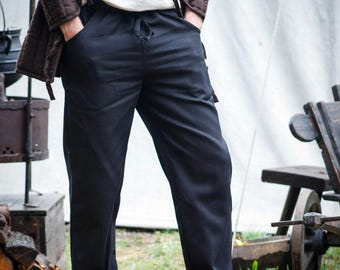 Cotton canvas trousers with pockets and drawstring “Rubus” for LARP, medieval markets and leisure | brown, black, natural white