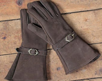 Guantes de cuero suave con puños de nobuk "Ulex", guantes para LARP, mercado medieval, ropa | marrón, negro