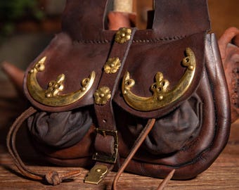 Niertas “Louis”, middeleeuwse leren riemtas met messing beslag, LARP-tas, historische kleding, ridder