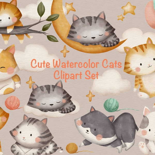 Cute Watercolor Cats Clipart Set | Kittens Clipart Set | Nursery Kittens Clipart Set | Hand Drawn | Watercolor Cats | Digital Download