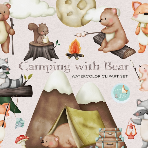 Watercolor Animals Camping Clipart Set, Watercolor Clipart, Bear, Fox, Raccoon, Rabbit, Squirrel, Commercial License, Digital Download, PNGS