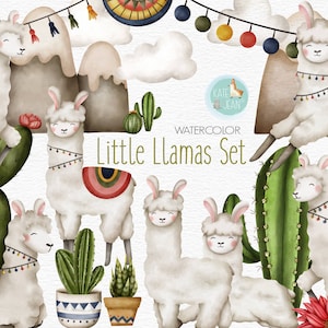 Little Llamas Watercolor Clipart Set, Llama Clipart, Cactus Clipart, Llama Party, No Drama Llama, Instant Download