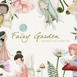 Fairy Garden Watercolor Clipart, Enchanted Forest Fairies, Fairy tale Clipart, Watercolor Florals, Instant Download, Commercial Use