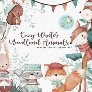 Clipart animaux de la forêt hiver, aquarelle animaux de la forêt, animaux de l'hiver, téléchargement numérique, cerf, renard, lapin, écureuil, raton laveur