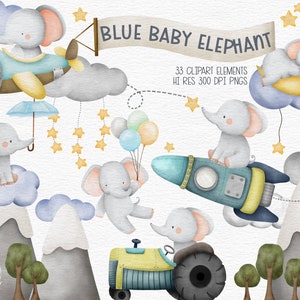 Clipart de Elefante Bebê Azul | Clipart de Aquarela | Clipart de Elefante | Clipart de Berçário | Animais da Selva | Download Instantâneo | Bebê Menino | Safári