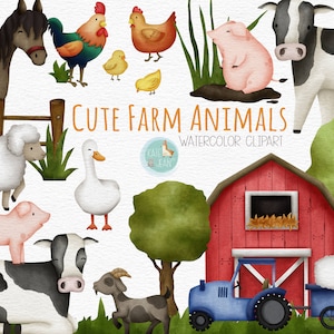 Farm Animals Watercolor Clipart, Digital Download, Nursery Art Print, Farm Watercolor Clipart, Birthday Party, Watercolor Clipart