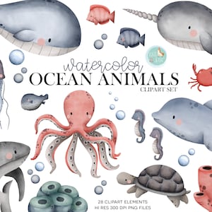 Watercolor Ocean Animals Clipart | Under the Sea | Sea Animals Clipart | Nautical | Whale | Shark | Dolphin | Invitation | Decor | Party