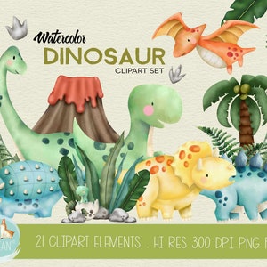 Conjunto de clipart de dinossauro em aquarela | Download instantâneo | T-rex | Estegossauro | Anquilossauro | Braquiossauro | Pteranodonte | Tricerátopo