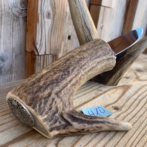 Hirschfänger handmade knife from red deer, hunting knife, leather trousers, knife