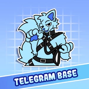 Könnte beinhalten: Ein hellblaues Cartoon-Wolf-Charakter mit einem schwarzen Geschirr und einer Leine. Der Wolf hält die Leine und hat einen selbstgefälligen Ausdruck. Der Text "TELEGRAM BASE" wird in einem blauen Banner unten angezeigt.