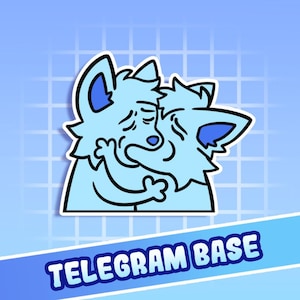 May include: A light blue sticker showing two cartoon wolf-like figures embracing. They have sorrowful expressions and black outlines. The sticker includes the white text "TELEGRAM BASE" on a blue banner.