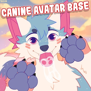 Könnte beinhalten: Cartoon-Illustration einer Hunde-Avatar-Basis. Die Figur hat weißes und cremefarbenes Fell mit blauen und rosa Akzenten. Der Text "CANINE AVATAR BASE" ist in einer roten und weißen Blasen-Schriftart. Der Hund lächelt und hält seine Pfoten hoch.