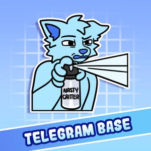 Könnte beinhalten: Ein hellblauer Cartoon-Aufkleber eines pelzigen Charakters, der eine Flasche mit der Aufschrift "NASTY CRITTER" besprüht. Der Charakter hat einen unglücklichen Gesichtsausdruck. Der Aufkleber hat einen weißen Rand und die Worte "TELEGRAM BASE" stehen unten.