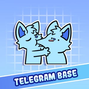 Könnte beinhalten: Ein hellblauer Aufkleber mit zwei Cartoon-Füchsen, die sich umarmen. Die Füchse haben blaue Akzente an den Ohren und schwarze Umrisse. Der Aufkleber hat den weißen Text "TELEGRAM BASE" auf einem blauen Banner.