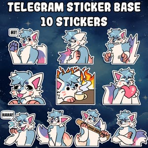 May include: A set of ten cartoon stickers featuring a blue and white wolf-like character with various expressions. The stickers include text such as "HI!" and "HAHA!" and the phrase "GOOD VIBES" on a baseball bat. The stickers are set against a starry background.