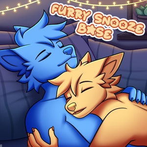Puede incluir: Un personaje azul y naranja peludo con los ojos cerrados está durmiendo mientras abraza a un personaje amarillo peludo con los ojos cerrados. El texto "Furry Snooze Base" está en la esquina superior derecha de la imagen.