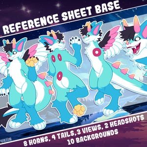 Könnte beinhalten: Eine digitale Kunst-Referenzblatt-Basis mit einer Cartoon-Drachenfigur in verschiedenen Posen. Der Drache ist hauptsächlich hellblau mit weißen, schwarzen, rosa und gelben Akzenten. Der Text enthält "REFERENCE SHEET BASE" und Details zu Hörnern, Schwänzen, Ansichten, Nahaufnahmen und Hintergründen.