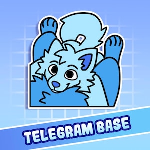 May include: A sticker featuring a light blue cartoon wolf with a white outline. The wolf is in a playful pose with its paws up. The text "TELEGRAM BASE" is in a blue banner at the bottom of the sticker.
