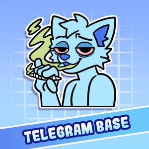 Könnte beinhalten: Ein hellblauer Cartoon-Aufkleber eines pelzigen Charakters mit roten Augen, der einen angezündeten Joint hält. Die Figur atmet grünen Rauch aus. Der Aufkleber hat den Text "TELEGRAM BASE" in Weiß auf einem blauen Banner.
