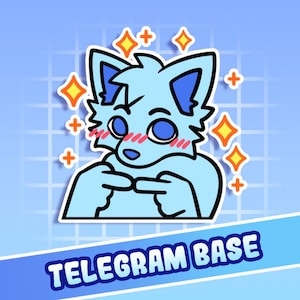 Könnte beinhalten: Ein hellblauer Cartoon-Fuchs-Aufkleber mit errötendem Gesicht und nach innen zeigenden Fingern. Der Aufkleber hat einen weißen Rand und ist von orangefarbenen Sternen und Pluszeichen umgeben. Der Text "TELEGRAM BASE" befindet sich unten.