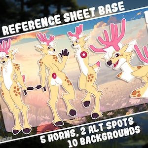 May include: Digital art reference sheet base featuring a cartoon deer character in various poses. The deer has tan fur, pink antlers, and brown spots. The text at the top reads "REFERENCE SHEET BASE" and the text at the bottom reads "5 HORNS, 2 ALT SPOTS, 10 BACKGROUNDS."