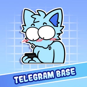 Könnte beinhalten: Ein hellblauer Cartoon-Katzenaufkleber mit großen Augen und errötenden Wangen, der ein schwarzes Telefon hält. Der Aufkleber hat einen weißen Rand und den Text "TELEGRAM BASE" in einem blauen Banner.