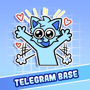 Könnte beinhalten: Ein hellblauer Cartoon-Katzenaufkleber mit fröhlichem Gesichtsausdruck, erhobenen Armen und Herzen. Der Aufkleber hat einen weißen Umriss und den Text "TELEGRAM BASE" in einem blauen Banner unten.