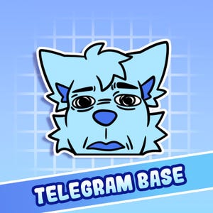 Könnte beinhalten: Ein hellblauer Cartoon-Aufkleber mit einem besorgten, anthropomorphen Wolfskopf mit großen Augen und einer blauen Nase. Der Aufkleber hat einen weißen Umriss und den Text "TELEGRAM BASE" in einem blauen Banner.