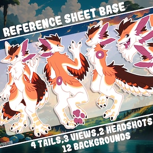 Könnte beinhalten: Eine digitale Kunst-Referenzblatt-Basis mit vier stilisierten Fellcharakteren mit orangefarbenem, weißem und braunem Fell. Das Bild enthält mehrere Ansichten und Nahaufnahmen, mit Text, der 4 Schwänze, 3 Ansichten, 2 Nahaufnahmen und 12 Hintergründe angibt.