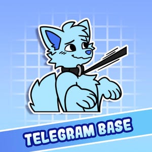 May include: A light blue cartoon wolf with a black collar and a black object extending from the collar. The wolf has a sad expression. The text "TELEGRAM BASE" is in a blue banner at the bottom of the image.