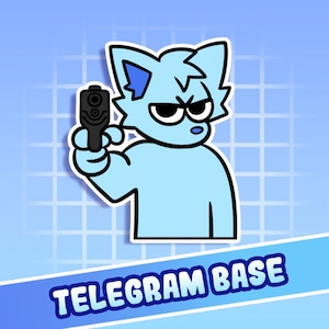 Könnte beinhalten: Ein hellblaues Cartoon-Katzen-Charakter, der eine schwarze Handfeuerwaffe hält und einen wütenden Gesichtsausdruck hat. Das Bild hat einen weißen Umriss und befindet sich vor einem blauen Gitterhintergrund. Die Worte "TELEGRAM BASE" werden unten angezeigt.