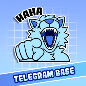 Könnte beinhalten: Ein hellblauer Cartoon-Aufkleber mit einem brüllenden Wolf und dem Wort "HAHA" darüber. Der Wolf zeigt mit seiner Pfote. Der Text "TELEGRAM BASE" befindet sich unten.