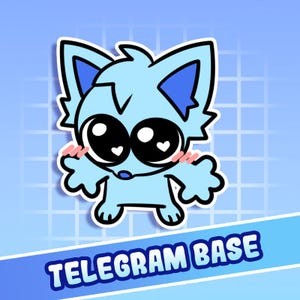 Könnte beinhalten: Ein hellblauer Cartoon-Katzenaufkleber mit großen Augen mit Herzen, rosa Wangen und ausgestreckten Armen. Der Aufkleber hat einen weißen Umriss und den Text "TELEGRAM BASE" in einem blauen Banner.