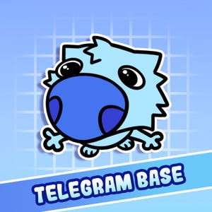 Könnte beinhalten: Ein Cartoon-Aufkleber mit einer hellblauen Kreatur mit einer großen blauen Nase und großen Augen. Der Aufkleber hat einen weißen Rand und den Text "TELEGRAM BASE" in Weiß auf einem blauen Banner.