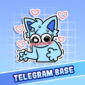 May include: A light blue cartoon cat with large eyes, blushing cheeks, and hearts floating around it. The sticker has the text "TELEGRAM BASE" in white on a blue banner.