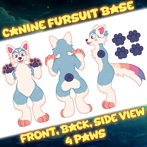 May include: A digital reference sheet for a canine fursuit base featuring front, back, and side views of a blue and cream-coloured character with pink paw pads and four separate dark purple paw prints. The text reads CANINE FURSUIT BASE and FRONT, BACK, SIDE VIEW 4 PAWS.
