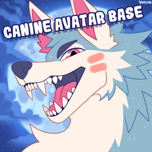 May include: A digital illustration of a cartoon canine avatar base. The wolf-like character has a white muzzle, pink blush marks, and blue fur. The text "CANINE AVATAR BASE" is displayed in a white font with a blue outline.