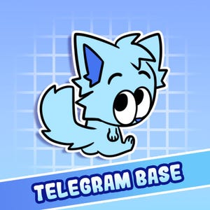Könnte beinhalten: Ein hellblauer Cartoon-Katzenaufkleber mit weißem Umriss. Die Katze hat große schwarze Augen und sitzt mit ausgestreckten Pfoten. Der Aufkleber trägt die Worte "TELEGRAM BASE" in Weiß auf einem blauen Banner.