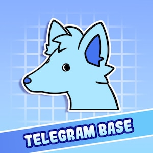 Könnte beinhalten: Hellblaue Cartoon-Illustration eines Fuchskopfes im Profil, schwarz umrandet. Der Fuchs hat eine weiße Kontur und ein blaues Ohr. Der Text "TELEGRAM BASE" steht in Weiß auf einem blauen Banner unten.