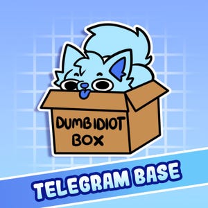 Könnte beinhalten: Ein Cartoon-Aufkleber mit einer hellblauen katzenartigen Kreatur, die aus einer braunen Pappschachtel lugt. Auf der Schachtel steht in schwarzer Schrift "DUMB IDIOT BOX". Darunter steht in einem blauen Banner "TELEGRAM BASE".